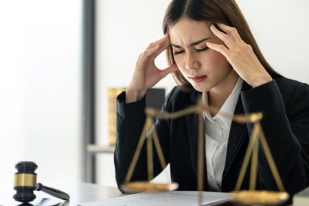 Business lawyer woman headache with stressful and touching head to massage with hands after reading detail of litigation case and business contract while working in law firm office.の写真素材