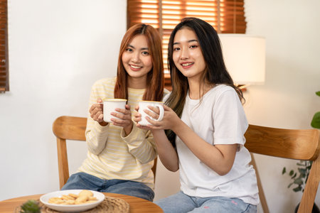 Young woman lesbian couple looking camera to smiling while drinking hot chocolate and spending time to relaxation together in living room at home.の写真素材