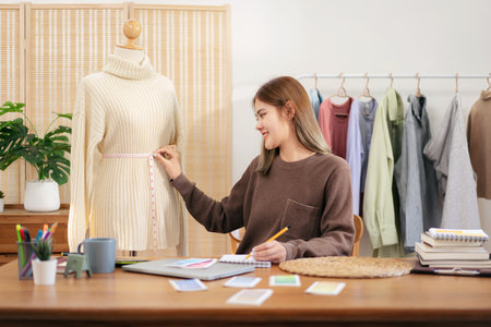 Woman designer entrepreneur using measure tape to measuring size sweater in mannequin and writing data in notebook while working to sketching design new collection for winter in home workshop.の写真素材
