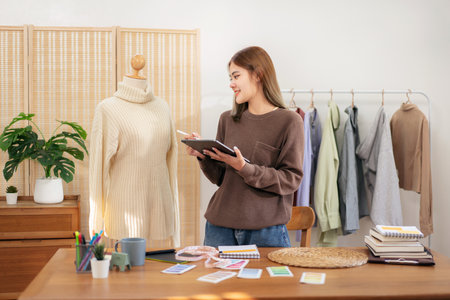 Woman designer entrepreneur checking detail of sweater in mannequin and writing data in tablet while working to sketching design new collection for winter in home workshop.の写真素材