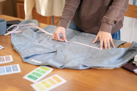 Woman designer entrepreneur using measure tape to measuring chest size of shirt and checking detail while working with design new collection in home workshop.の写真素材
