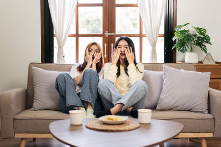 Young woman lesbian couple watching horror movie and covering face when scared and shocked while spending time to relaxation together on big comfortable sofa at home.の写真素材