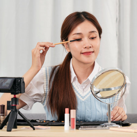 Young beauty influencer is using mascara product to testing and recommend cosmetic while recording video on camera for share on social media or web blogger in studio.の写真素材