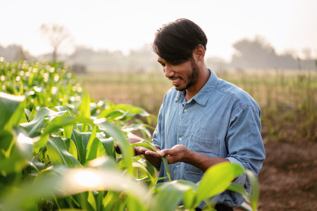 Smart farmer working in corn field to examining quality of corn vegetables while planning system control with technology at agricultural field.の写真素材