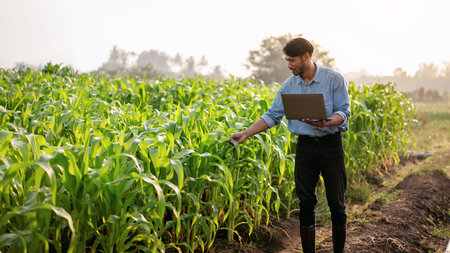 Smart farmer using laptop to examining quantity and quality crop of corn vegetables while working...