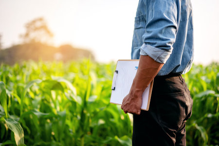 Smart farmer holding document clipboard to examining quality crop of corn vegetables while working and planning system control with technology at agricultural field.の写真素材