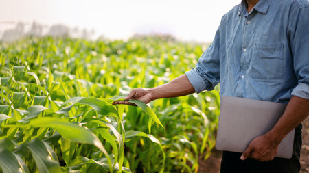 Smart farmer holding laptop and examining quality crop of corn vegetables while working and planning...