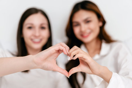 Young asian couple woman smiling and making heart sign gesture together while lying under blanket and leaning on comfortable pillows on the bed in bedroom at home.の写真素材