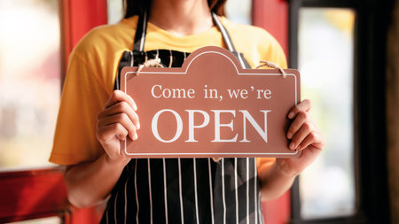 Small business with coffee shop and restaurant open concept, Female entrepreneur standing near cafe...