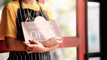 Small business with coffee shop and restaurant open concept, Female entrepreneur standing near cafe...