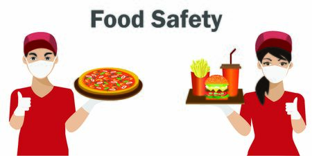 COVID-19 Safety food concept. Waiter and waitress wearing hygiene hands gloved and face mask,holding tray of fast foods. Idea for safety fast food during COVID-19 outbreak, quarantine and prevention.のイラスト素材