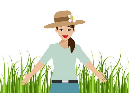 Young beautiful woman wearing hat feeling happy with fresh air in farm land. Isolated on white background. Vector Illustration.のイラスト素材