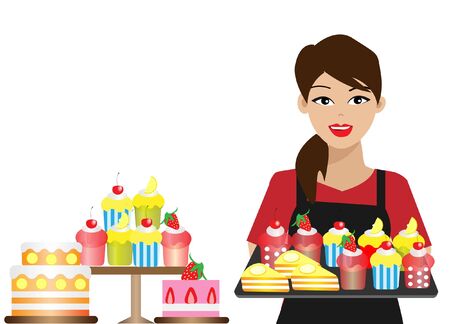 Young beautiful woman holding tray full of cakes and cupcakes. Isolated in white background. Vector...