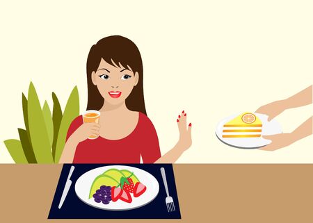 Young beautiful woman eating healthy breakfast, fresh fruits and orange juice, refuse to have cake. Vector Illustration. Idea for healthy food, diet and nutrition.のイラスト素材