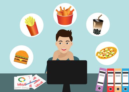 Man working at desk in office, thinking about foods with hungry. Vector Illustration.のイラスト素材
