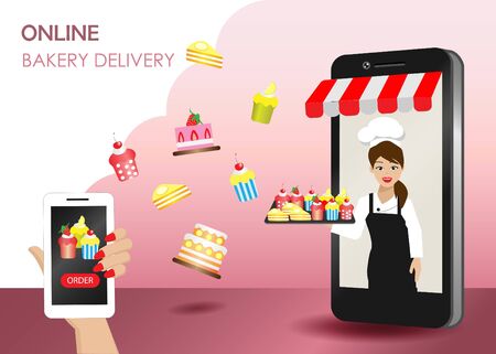 Online food delivery concept. Woman hand order cakes via mobile application. Chef woman holding pastry tray on smartphone screen with spreading of bakery and cakes. Vector Illustration.のイラスト素材