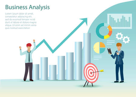 Businessmen analysing business, feeling happy with virtual growth graph charts. Idea for data analysis, research and development and successful marketing strategy and solution.のイラスト素材