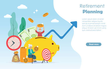 Happy senior/retirement couple enjoy saving money on piggy bank. Long term investment fund and financial preparation planning for elderly people concept.のイラスト素材