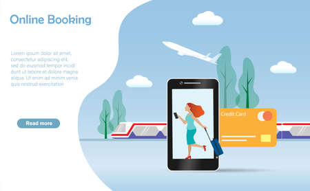Woman travelling with luggage online booking flight and railway ticket with credit card on smart phone. Idea for digital payment, online reservation, internet banking and traveling technology conceptのイラスト素材