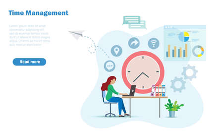 Businesswoman working at desk analysing business strategy and solution at office, with clock and business icons background. Idea for time management concept.のイラスト素材