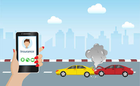 Car accident, two cars crashed on the street. Woman hand holding smartphone calling help from car insurance. Car accident and property insurance concept.のイラスト素材