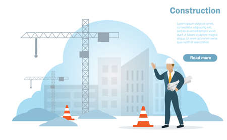 Professional architecture or civil engineering holding blueprints at construction site with under...