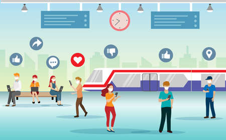 Passenger in railway train wearing face mask to protect from COVID-19 coronavirus and express their  emotion on social network via smart phone. New normal lifestyle in public transportation concept.のイラスト素材