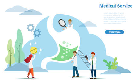 Medical and healthcare service concept. Group of Doctor team, diagnosis and curing patient gastric ulcers with medicine pills. Landing page, Vector Illustration. Hospital, medical and healthcare concept.のイラスト素材
