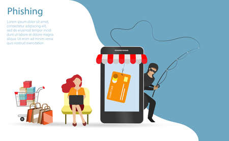Hacker phishing credit card, financial information from online shopping woman customer. Idea for digital online cyber crime, hacking, phishing, scam, malware and financial security concept.のイラスト素材