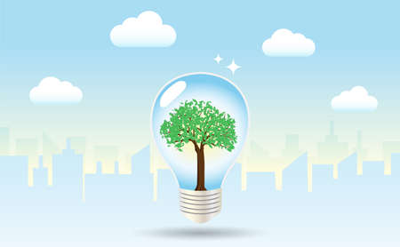 Light bulb with green tree inside in city buildings and blue sky background. Renewable Electric power production, green and clean energy resources to environment, ecology. Vector.のイラスト素材