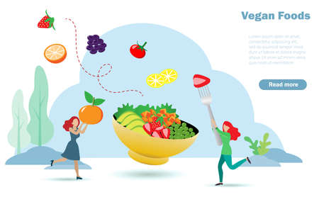 Happy women enjoy eating vegan foods, organic fruits vegetables and peas. Idea for balancing proper nutrition foods in appropriate porportion. Nutrition and diet, vegan foods concept.のイラスト素材