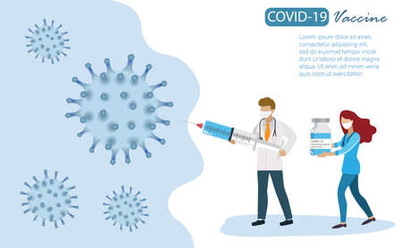 The World hope for COVID-19 coronavirus vaccine. Male doctor holding syringe filled with COVID-19 vaccine, injecting to little kid girl. Vaccination, healthcare and medical concept.のイラスト素材
