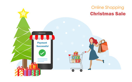 Happy woman with shopping cart enjoy online shopping and payment on smartphone during Christmas sale with Chrismas tree and gifts background. People lifestyle in online technology and holiday concept.のイラスト素材