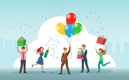 People celebrating festive party with champagne and balloons in happy manner. Idea for special occasion, holidays or new year party.のイラスト素材