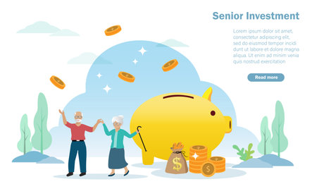 Happy senior/retirement couple enjoy saving money on piggy bank. Long term investment fund and financial preparation for elderly people concept.のイラスト素材