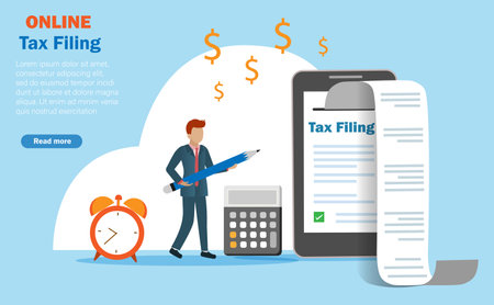 Online income tax filing, tax return and financial technology concept. Businessman report online tax on smart phone with printed document receipt.のイラスト素材