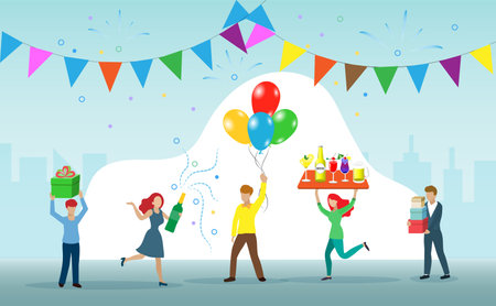 People celebrating festive party with champagne and balloons in happy manner. Idea for special occasion, new year holidays, season greetings or cocktails party.のイラスト素材