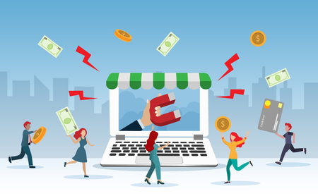 Customer acquisition, retention and attraction strategy. Hand holding magnet on computer screen  attract customer around to spend money on shopping. Vector.のイラスト素材