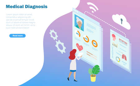 Doctors diagnosis elderly patient using isometric medical records from online data computing. Idea for research and development in medical and healthcare concept.のイラスト素材