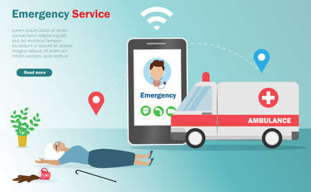 Ambulance car come to help elderly woman who falling down and seriously injured at home. Medical and healthcare technology service for elderly people concept.のイラスト素材