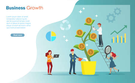 Business growth market, team work and company financial profitability concept. Businessman team shower, inspect and record gold coins tree.のイラスト素材