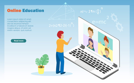 Remote online education technology. Student at home online studying with school friends via video, web conferance application on computerのイラスト素材