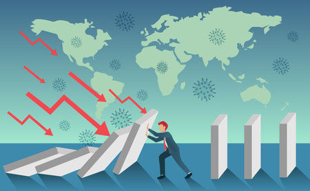 Businessman stop domino effects from covid-19 and falling down stock exchange. Covid-19 coronavirus pandemic impact business collapse and world economic crisisのイラスト素材
