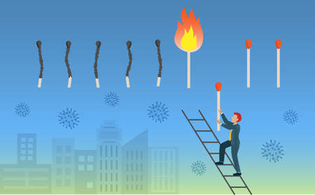 Businessman on ladder stop burning effects from matchstick with covid-19 coronavirus background....
