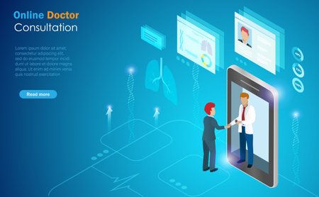 Virtual online doctor consultation. Businessman check hand with doctor on smartphone with patient medical record. Innovation technology develop smart solution in medical and healthcare. Isometric viewのイラスト素材