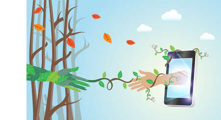 Save the forest through technology, ecology, environment, and earth day concept. Leaves vines Hand creeping to touch human hand penetrating from smartphone screen with degraded forest background.のイラスト素材