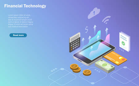Wireless financial technology and cyber security. Isometric view of virtual smartphone using cloud computing security transfer money via credit card. Innovative banking and data protecion concept.のイラスト素材