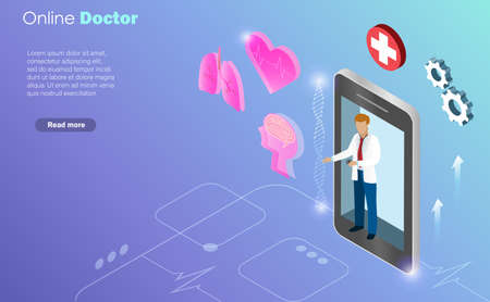Online doctor from virtual smartphone screen with  medical icons. Idea for virtual hospital,  innovation technology in medical and healthcare concept. Isometric view.のイラスト素材