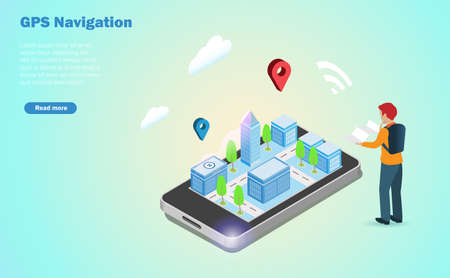 GPS mobile navigation technology. Tourist searching for gps location map on virtual screen mobile app. Isometric view.のイラスト素材