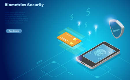 Biometrics security, fingerprint scanning on smart phone to access financial data and credit card payment. Innovation security in digital online technology concept. Isometric view.のイラスト素材